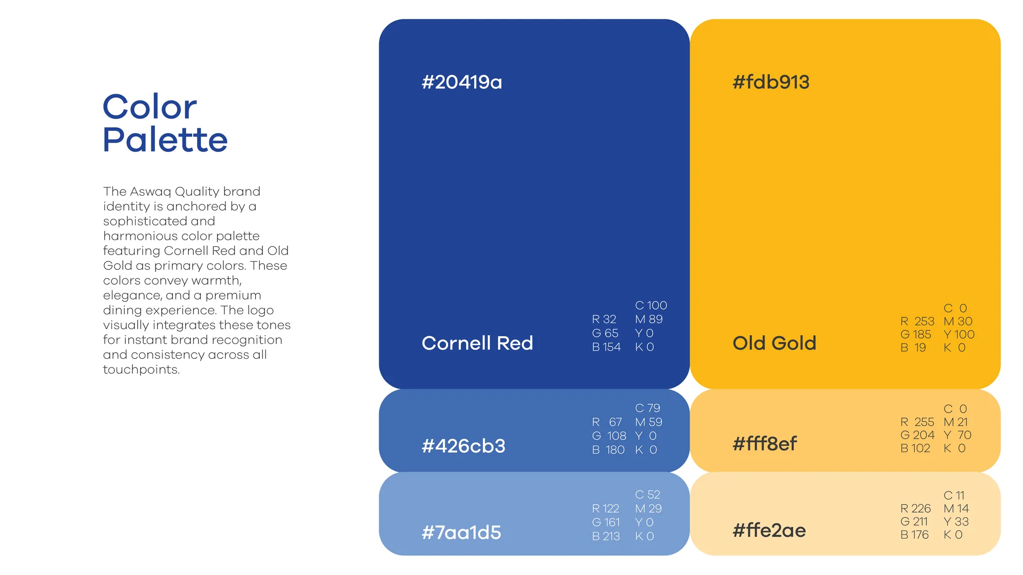 Aswaq Quality colour palette in royal blue and old gold with supporting tints