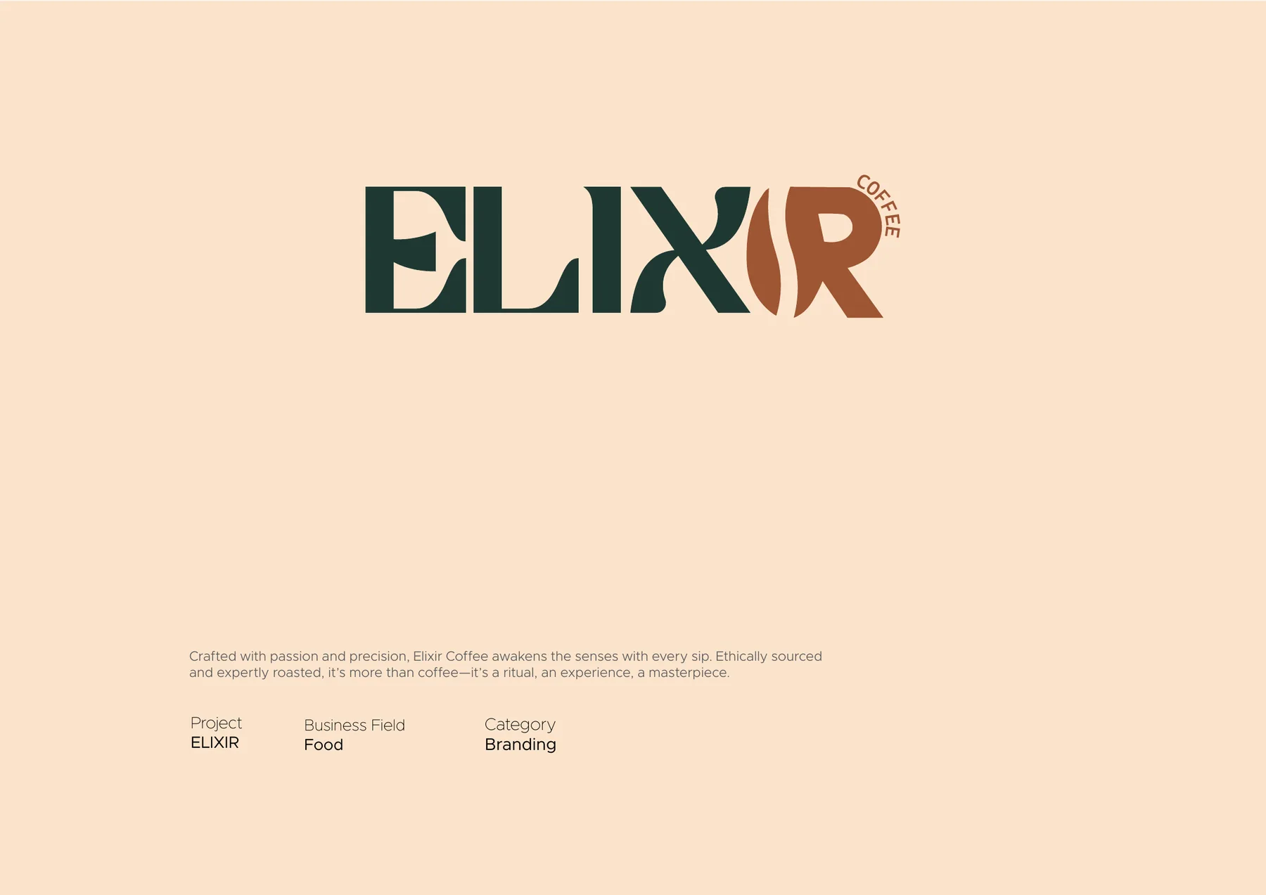 Elixir Coffee logotype in deep green with a terracotta coffee-bean R ligature, on cream