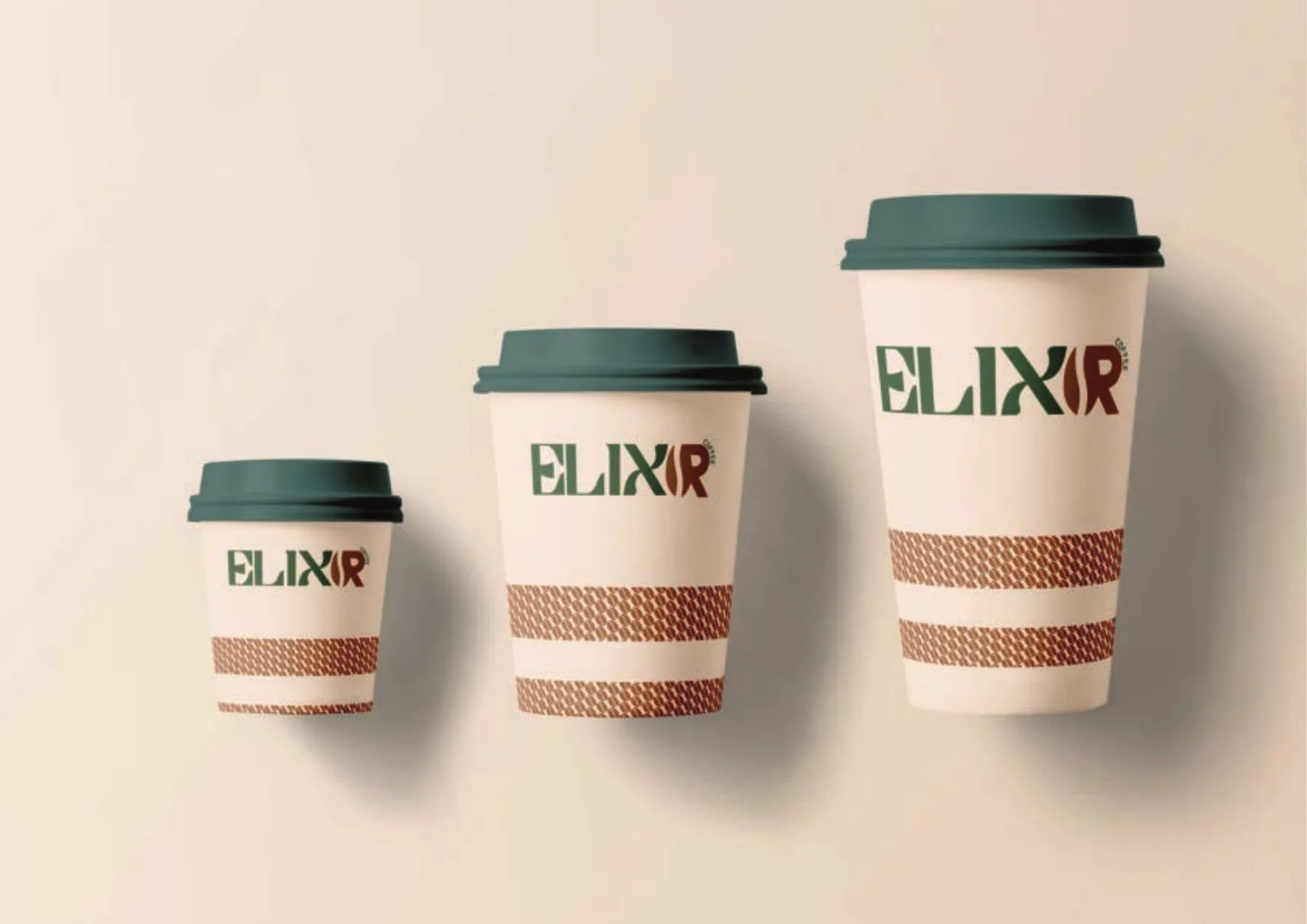 Three Elixir takeaway coffee cups in ascending sizes with green lids and houndstooth bands