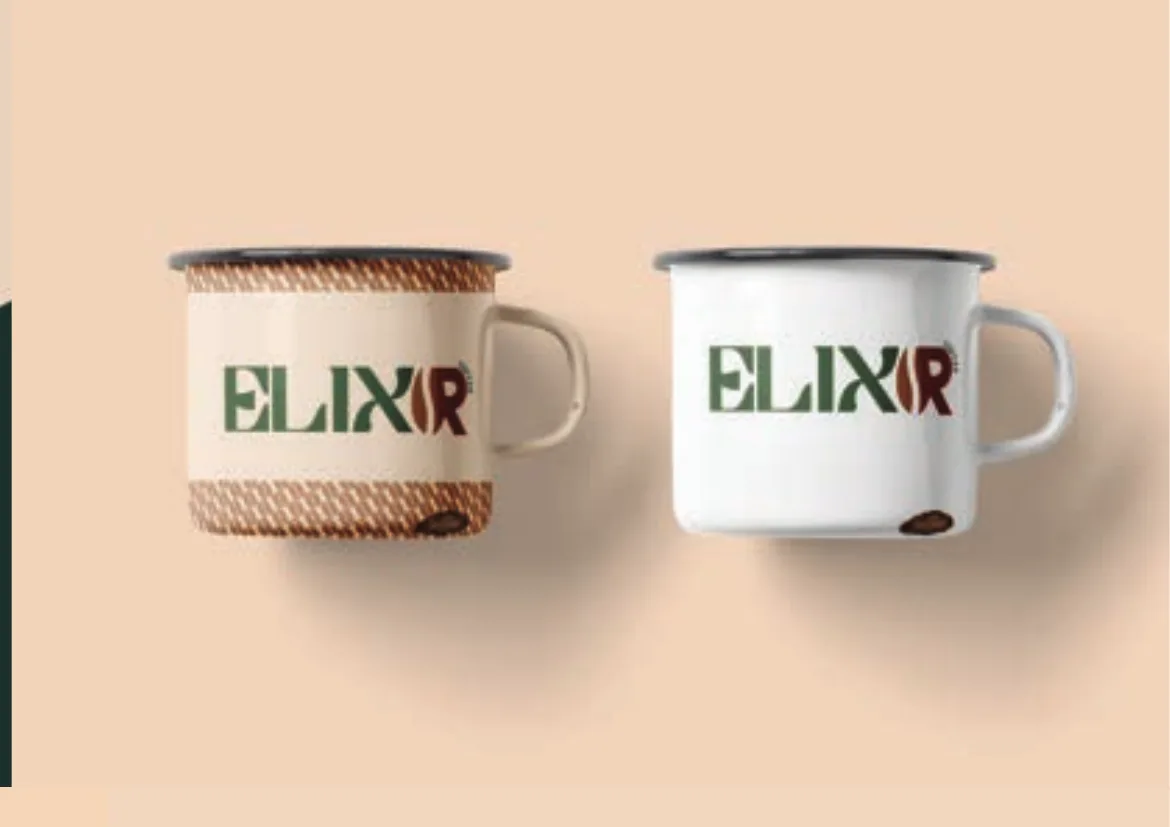 Two enamel Elixir camp mugs, patterned and plain