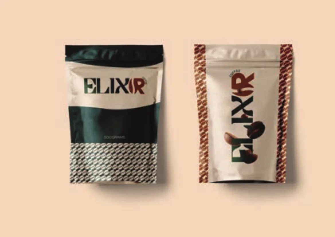 Elixir coffee pouches in black and patterned cream