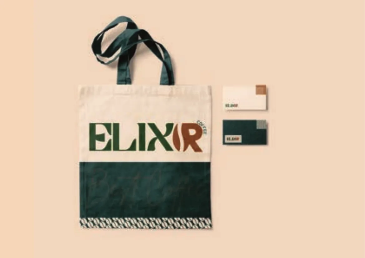 Forest green Elixir tote bag with brand cards
