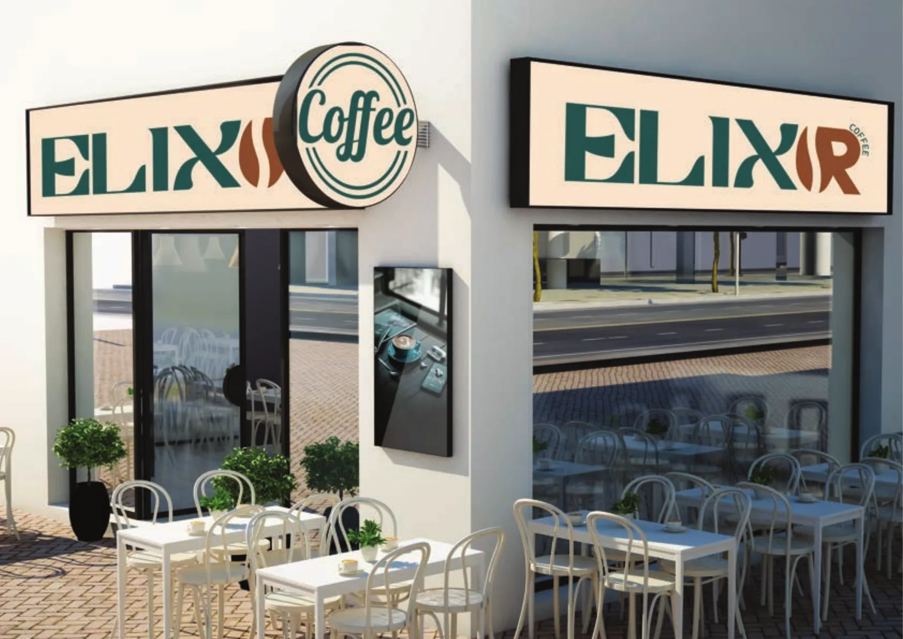 Elixir Coffee storefront with lightbox signage in two lockup variations