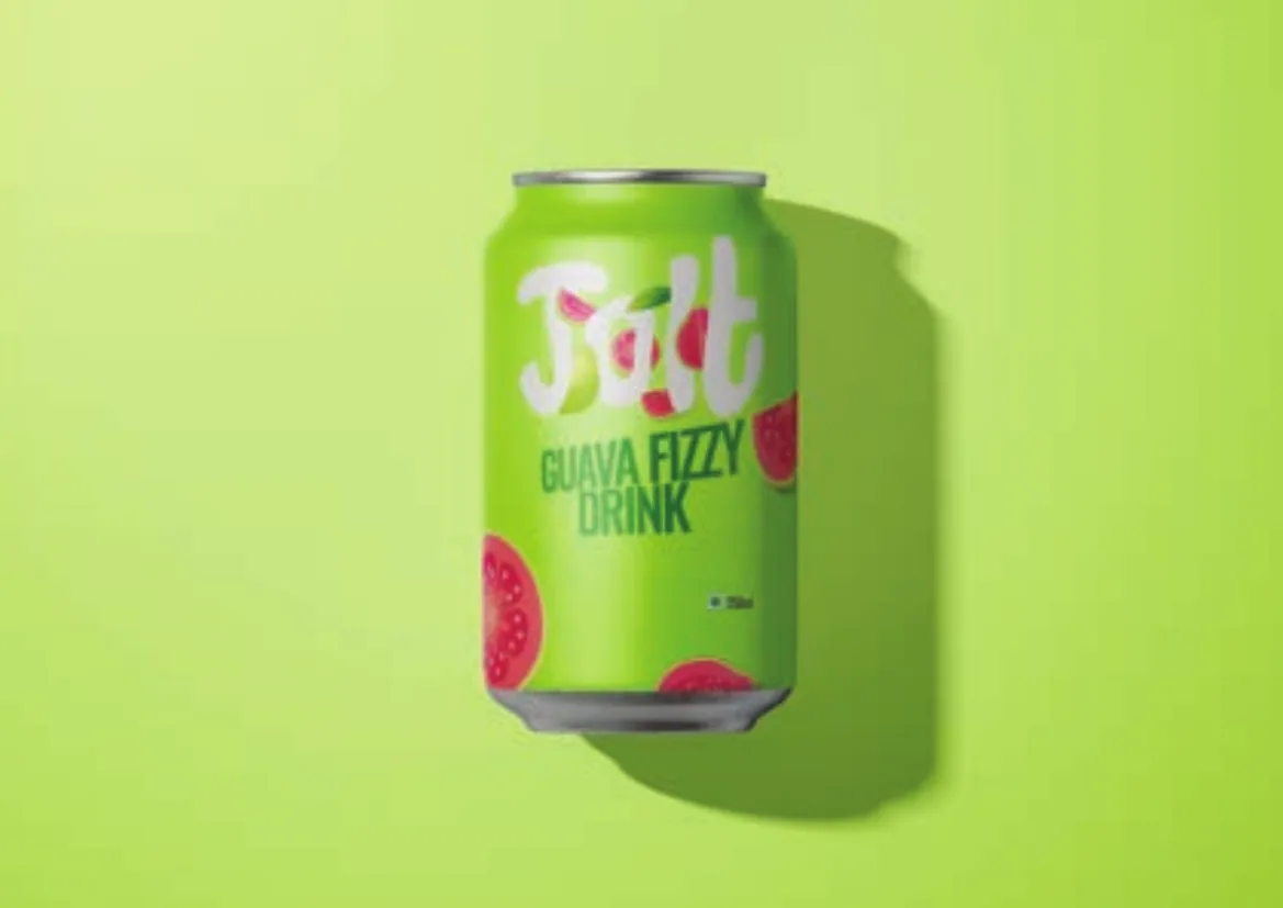 Jolt guava fizzy drink can on lime green