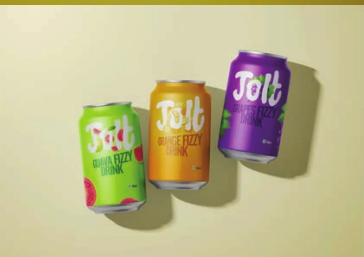 Three Jolt cans: guava, orange and grape