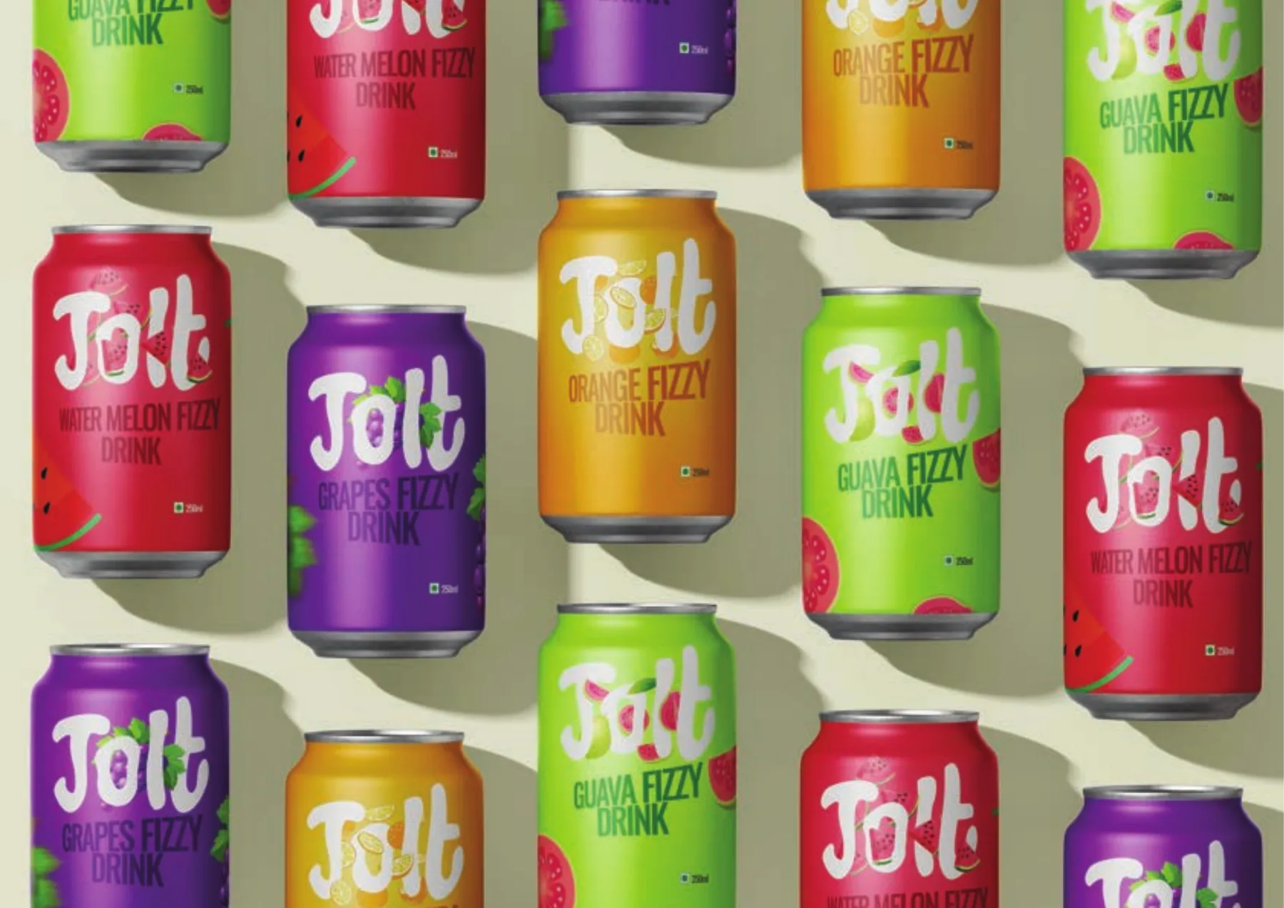 A repeating grid of Jolt cans in watermelon, grape, orange and guava flavours