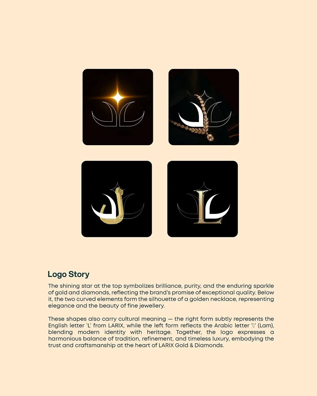 Larix logo story: a star of brilliance above necklace curves fusing the letter L with the Arabic letter Lam