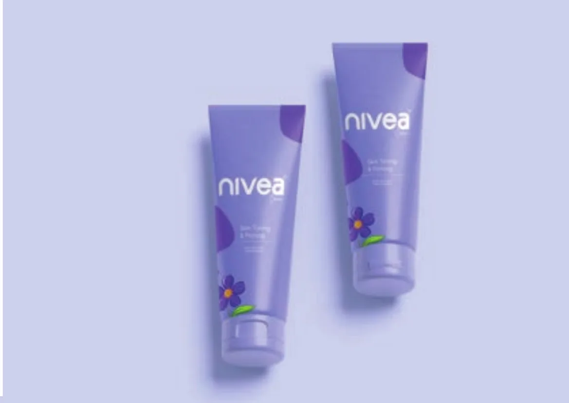 Two reimagined Nivea cream tubes on lilac