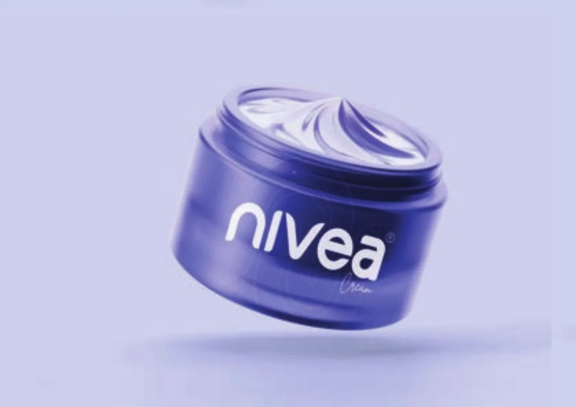 Reimagined Nivea cream jar floating over a lilac background