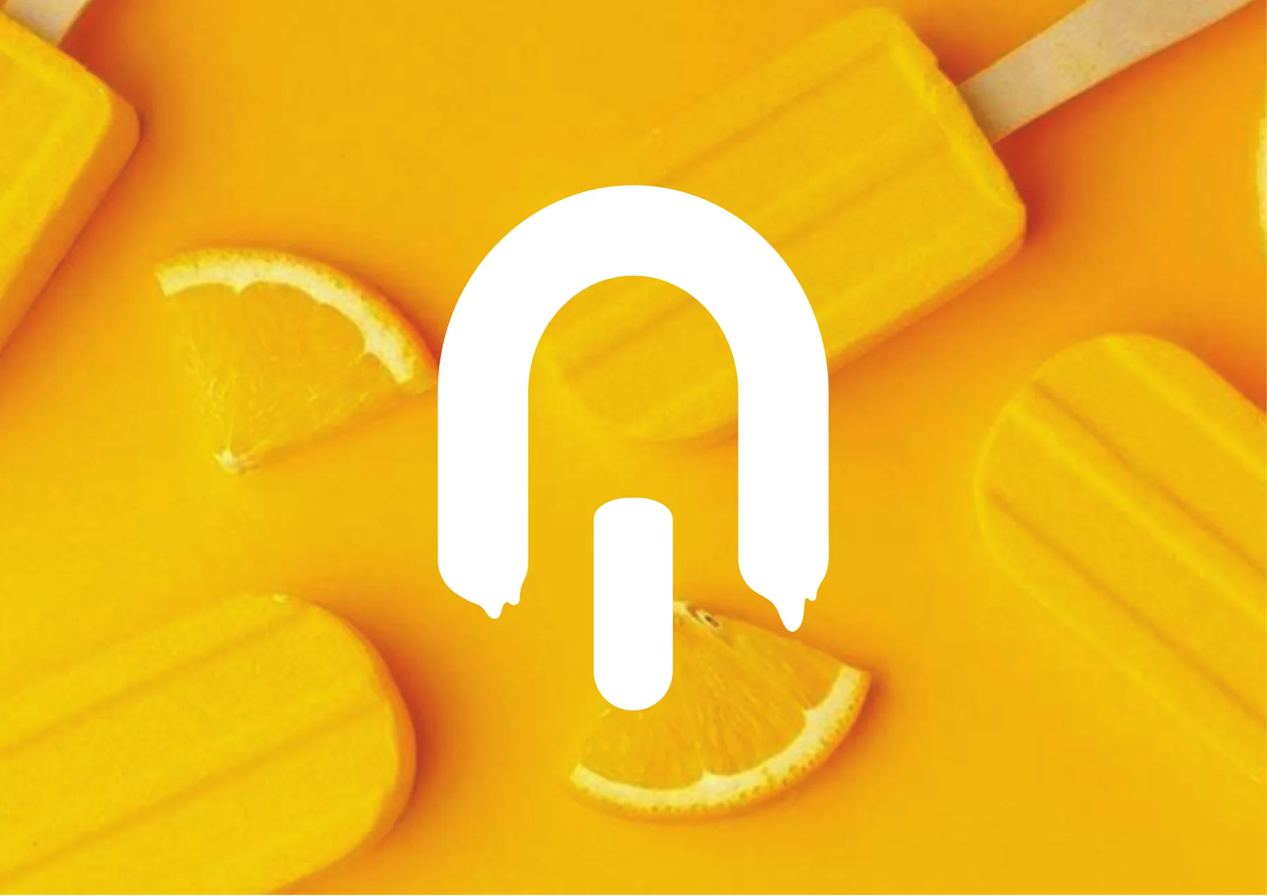 Peni brand icon: a white dripping-popsicle mark over a bright orange flat-lay of ice pops and orange slices