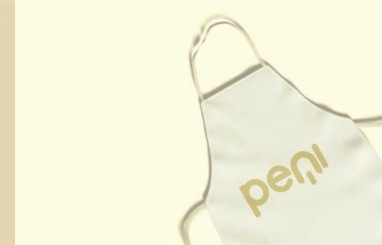 White kitchen apron with an embossed Peni logo