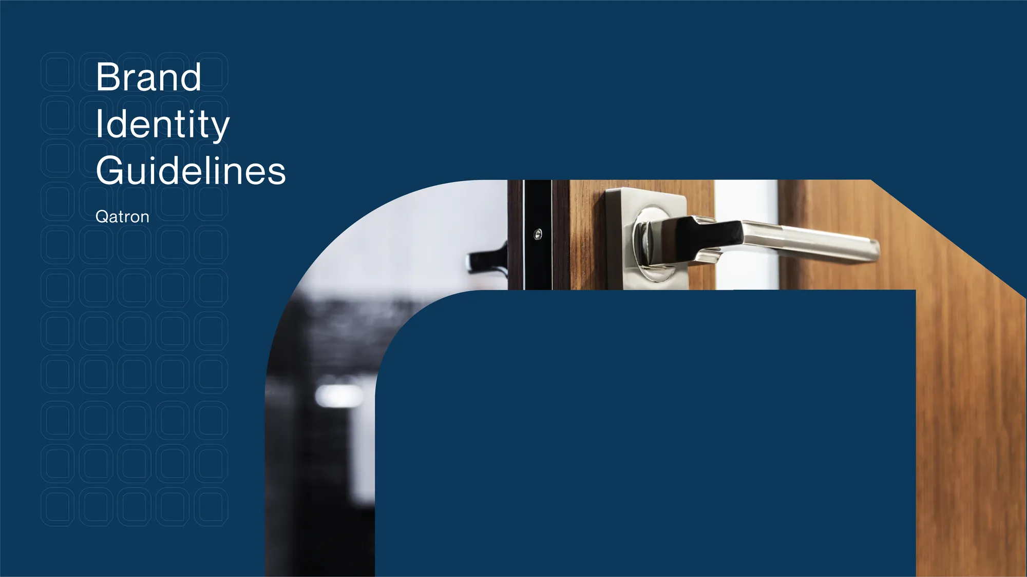 Qatron brand identity guidelines cover with a navy Q shape over a door handle photograph