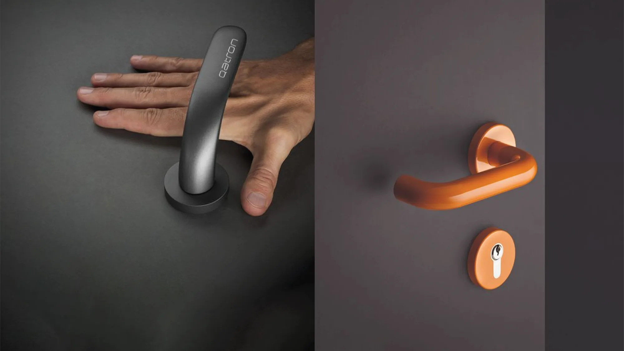 Matte black and brushed gold Qatron door handles on dark panels