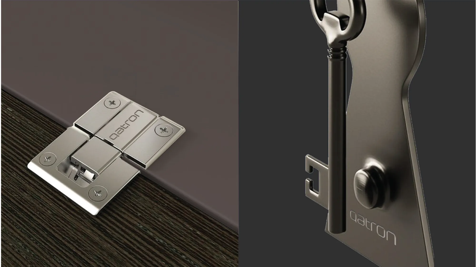 Qatron branded locks and keys on dark wood