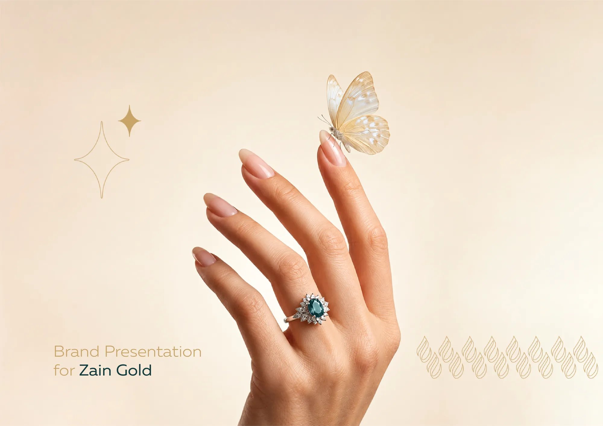 Brand presentation cover for Zain Gold with a ringed hand and gold butterfly