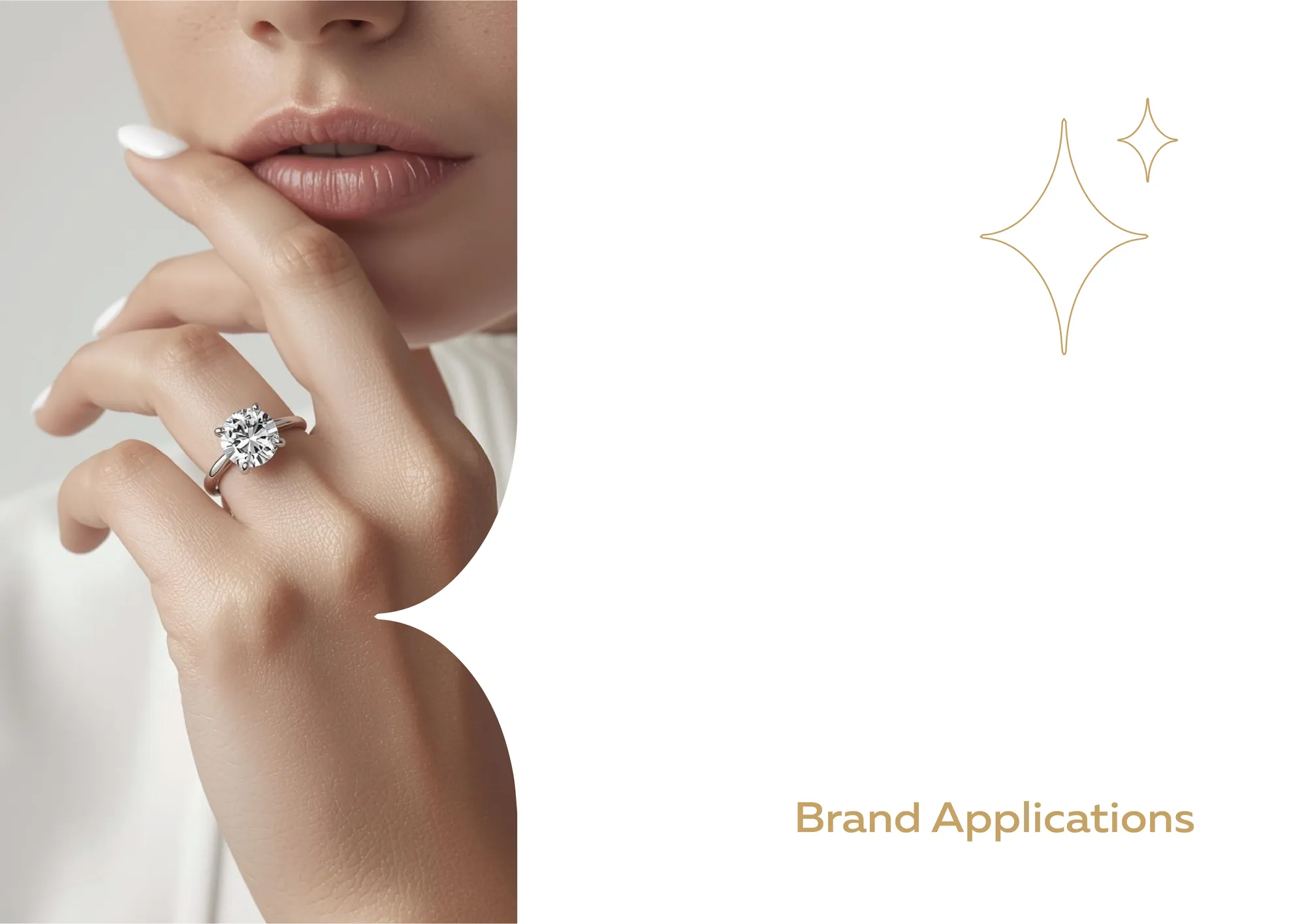 Model wearing a diamond ring on the brand applications divider
