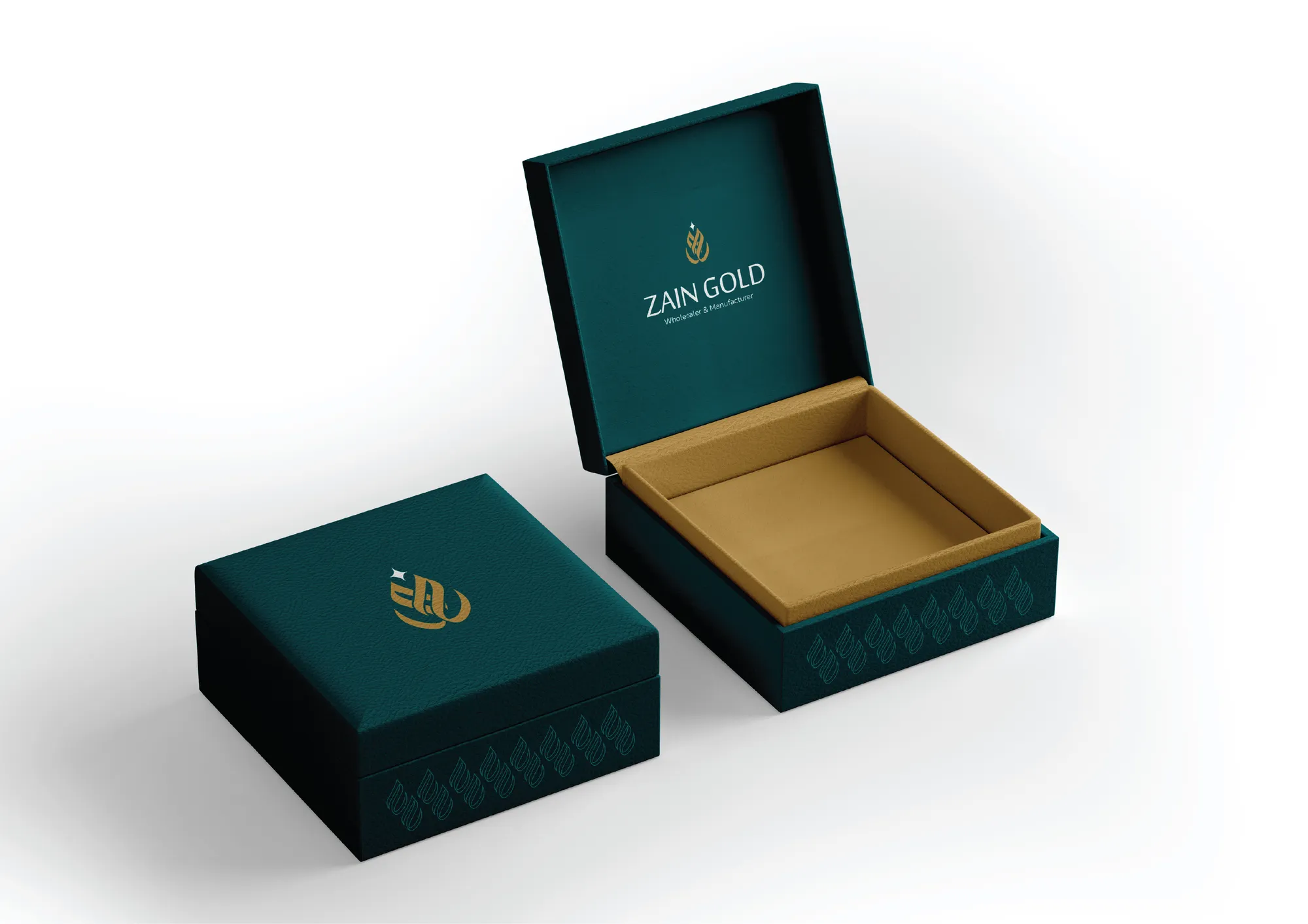 Deep green Zain Gold jewellery boxes with gold monogram